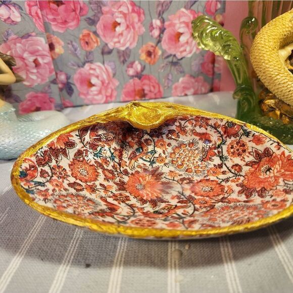 DECOUPAGE CLAM SHELL DECOUPAGE FLOWERS TRINKET DISH - Picture 7 of 11